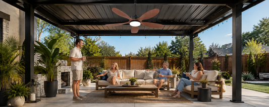 Solar ceiling fan installed under a metal-roof pergola with outdoor seating