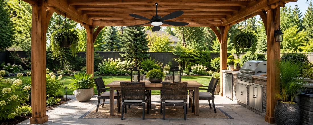 Solar ceiling fan with light installed in a backyard pergola dining area for evening airflow and outdoor lighting