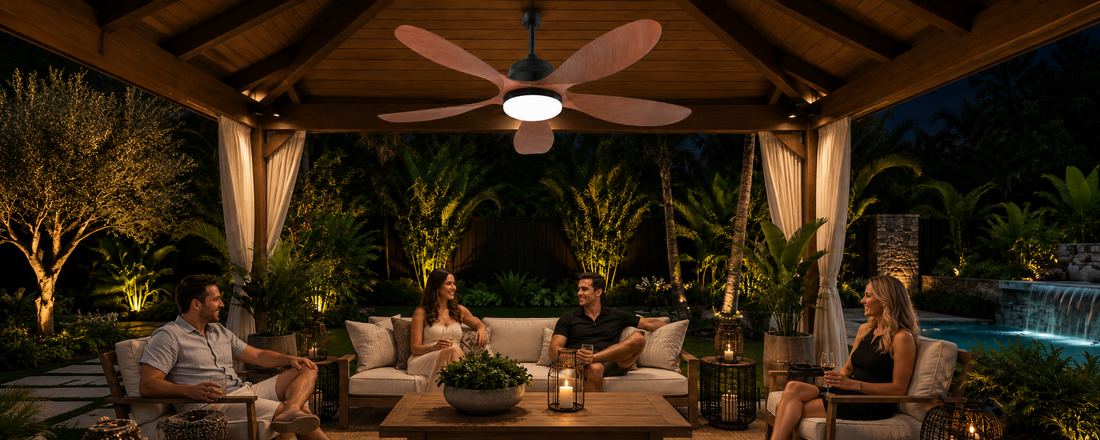 52-inch solar ceiling fan with light installed in a covered gazebo for nighttime airflow and entertaining