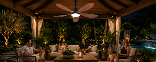 52-inch solar ceiling fan with light installed in a covered gazebo for nighttime airflow and entertaining