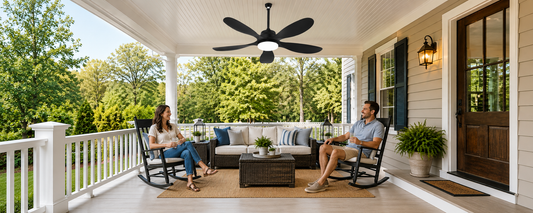 Solar-powered ceiling fan with light installed on a covered porch for backyard airflow