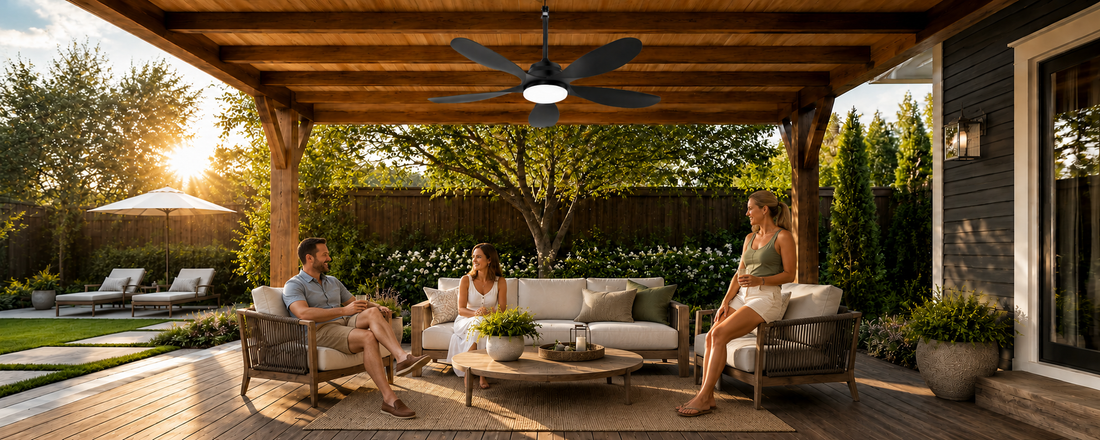 alt="Black solar ceiling fan with light installed on a mixed-sun covered patio with outdoor seating"
