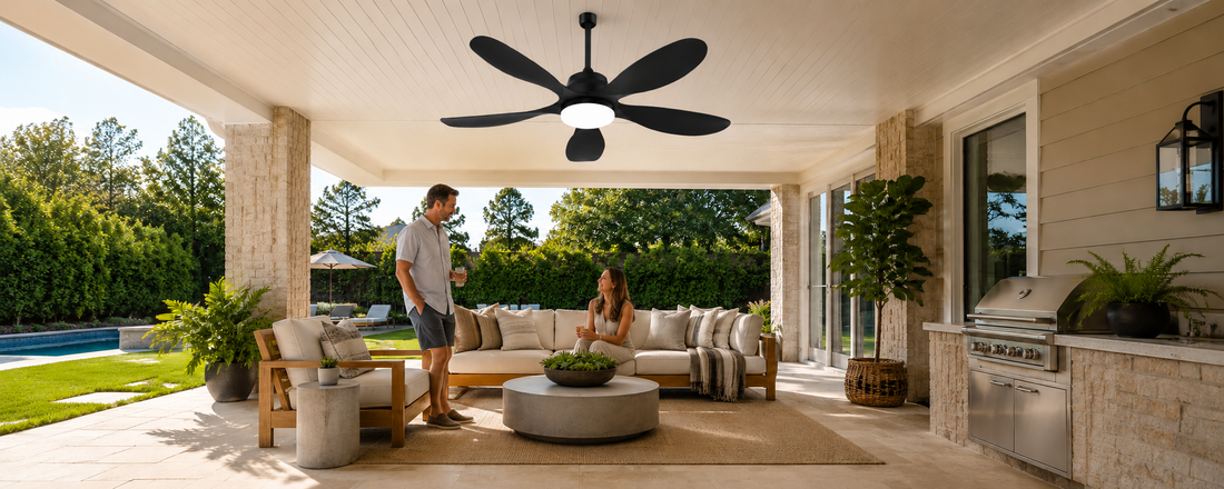 Black outdoor ceiling fan with light installed on a covered patio for off-grid outdoor comfort