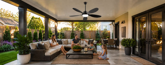 Solar ceiling fan with light over a covered patio seating area for family evening comfort