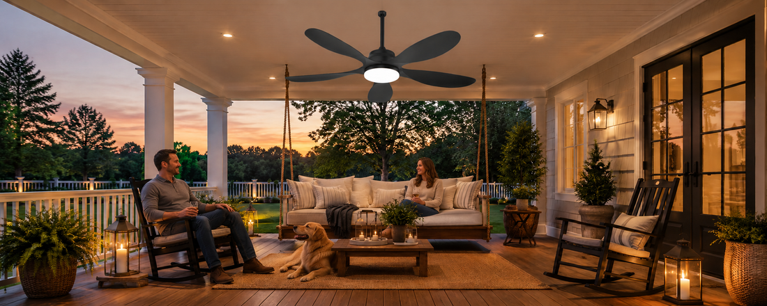 Solar fan light cooling a dog-friendly covered patio at sunset