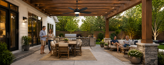 Auto-run solar porch fan light over a covered patio for evening outdoor comfort
