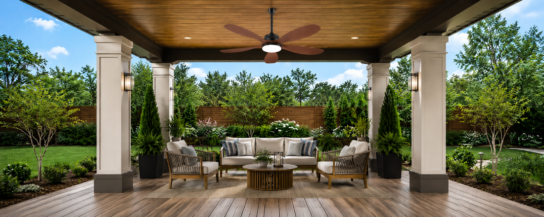 Outdoor solar ceiling fan with light installed on a covered patio for daytime airflow and comfort
