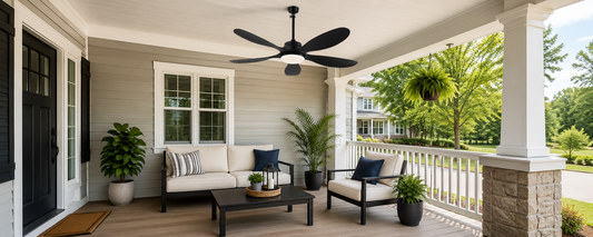 Solar ceiling fan with light installed on a covered porch for outdoor airflow and patio lighting