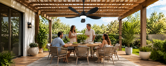 Ventallion solar ceiling fan with light installed under a shaded pergola for outdoor dining in mixed sun conditions