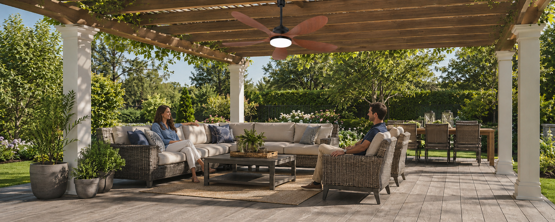 52-inch Ventallion solar ceiling fan with light installed on a covered pergola in a sunny backyard.