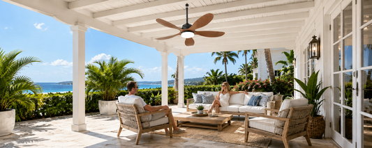 Solar ceiling fan with light installed in a backyard shed with no electricity