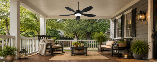 Solar ceiling fan with light on a covered porch for outdoor airflow and evening comfort
