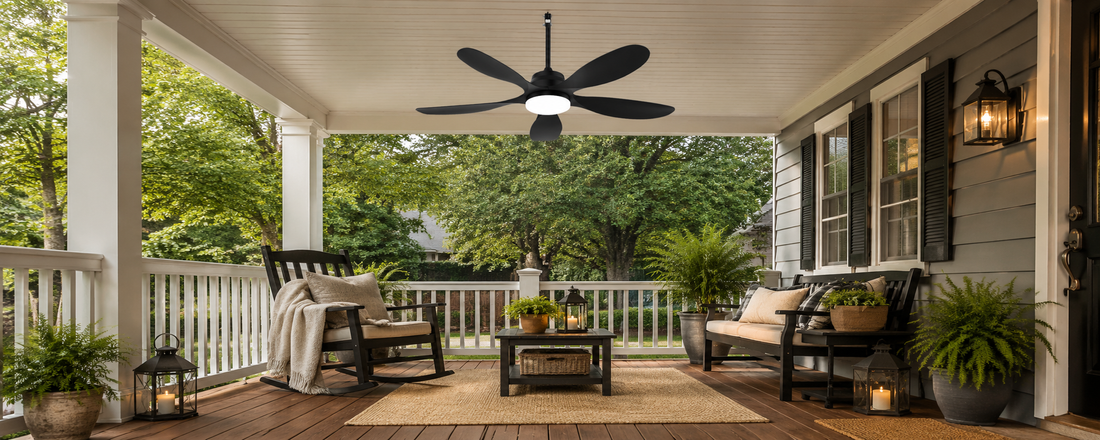 Solar ceiling fan with light on a covered porch for outdoor airflow and evening comfort