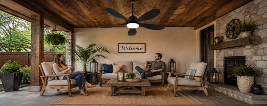 Solar ceiling fan installed under a shaded pergola with the solar panel in direct sunlight