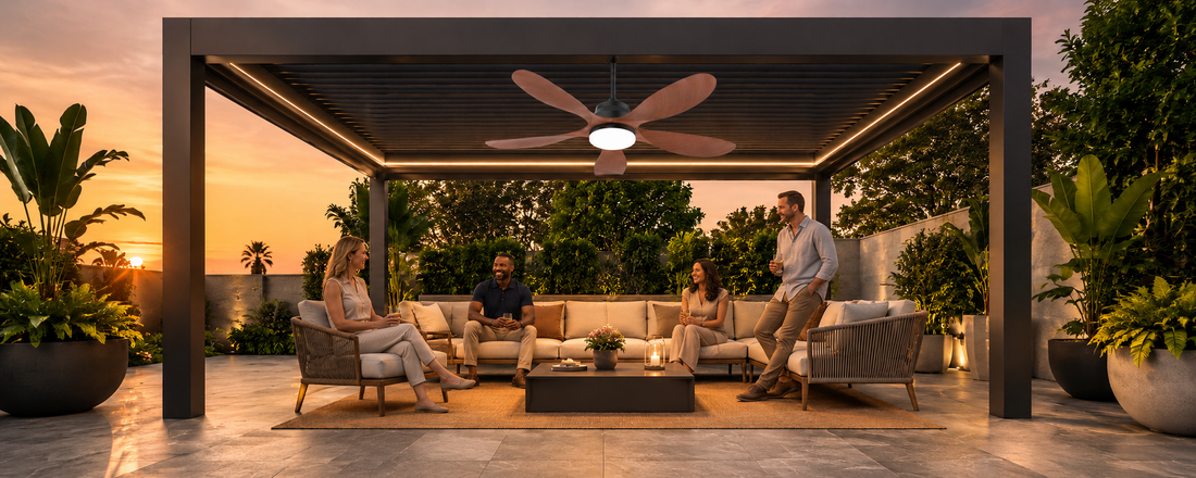 Solar ceiling fan with light installed under a covered patio pergola for comfortable bug-free evenings after sunset