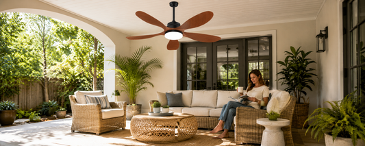 alt="Solar ceiling fan with light on a mixed-sun covered patio for outdoor airflow"