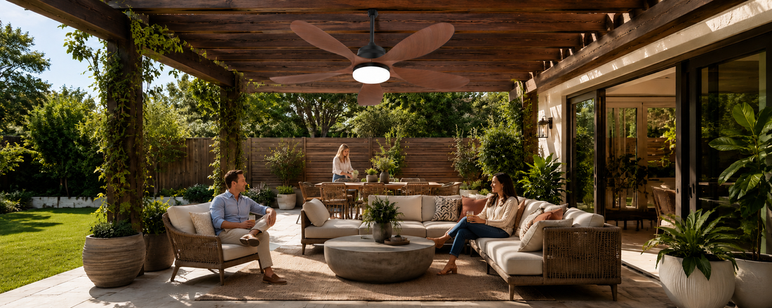Solar ceiling fan with light installed under a covered pergola for daytime and evening outdoor comfort