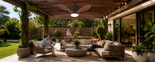 Solar ceiling fan with light installed under a covered pergola for daytime and evening outdoor comfort