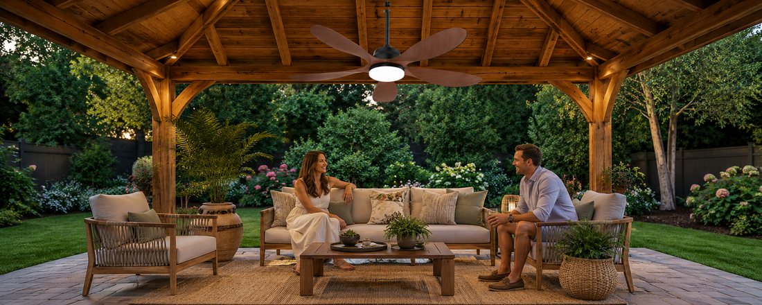 Solar fan lights for patio dinners after dark under a wooden pergola with outdoor seating