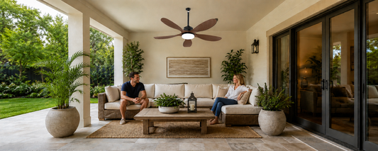 Brown solar ceiling fan with LED light installed on a covered patio, showing a no-wiring outdoor fan setup for backyard seating areas