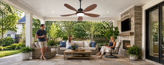 Solar ceiling fan with light installed over covered patio seating for shaded pergola airflow