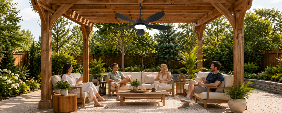 Off-grid solar fan light for a covered gazebo patio with outdoor dining seating