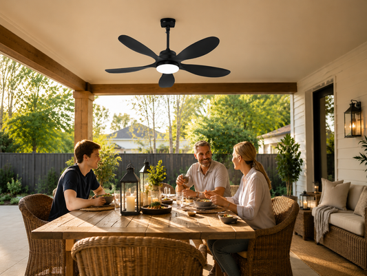 Outdoor ceiling fan with light installed on a covered deck for summer dining and relaxation