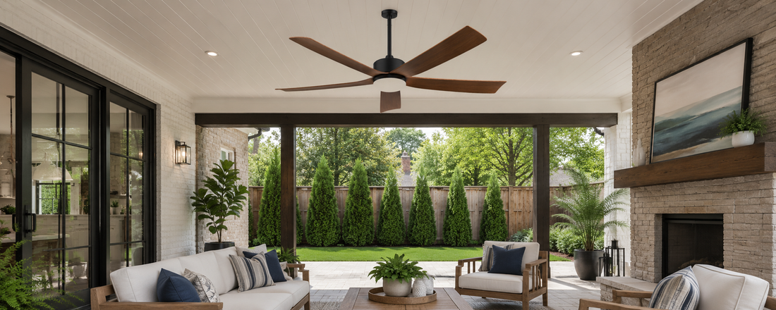 solar ceiling fan with light and battery installed on a covered patio for outdoor airflow