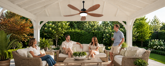 Battery operated outdoor ceiling fan with solar panel and battery backup for a covered patio