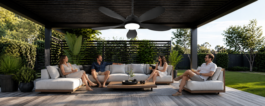 solar patio fan with light installed on a covered patio