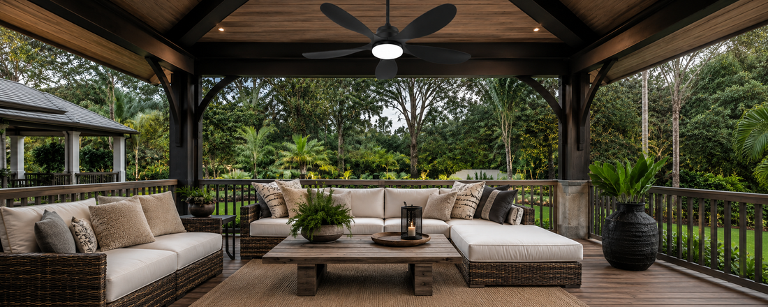 black solar ceiling fan with light installed in a covered outdoor gazebo lounge
