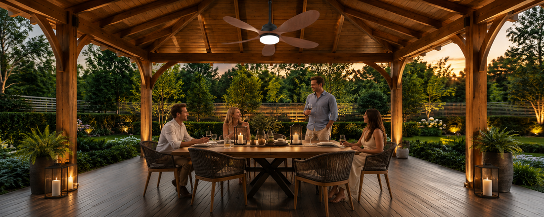 Solar ceiling fan with light over covered patio dining area for cord-free outdoor comfort