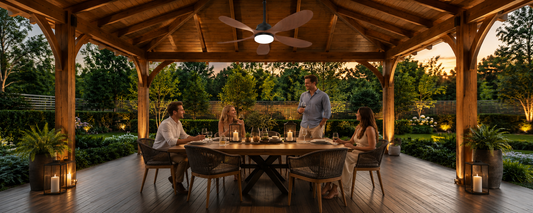 Solar ceiling fan with light over covered patio dining area for cord-free outdoor comfort