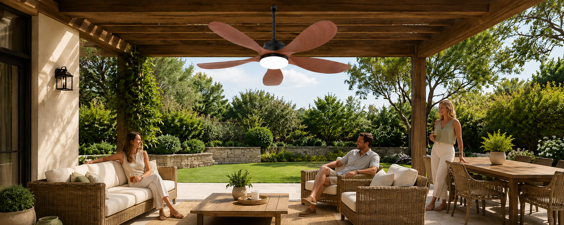 solar ceiling fan with light over a covered patio seating area