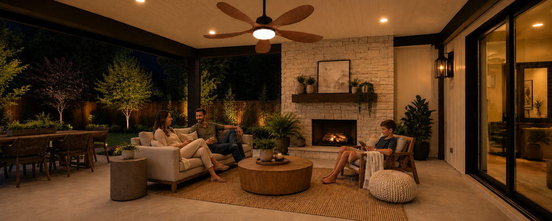 Ventallion solar outdoor fan light illuminating a covered patio for after-sunset airflow and no-wiring outdoor comfort