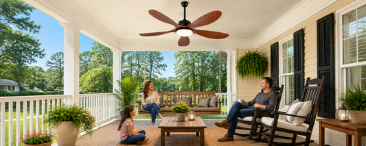Ventallion solar ceiling fan with light installed on a covered porch for no-wiring outdoor cooling