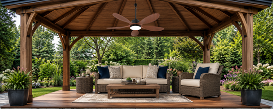 Solar fan light installed in a wooden gazebo for off-grid outdoor lounge comfort