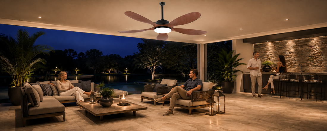 Ventallion no-wiring solar ceiling fan with light on a covered patio at night
