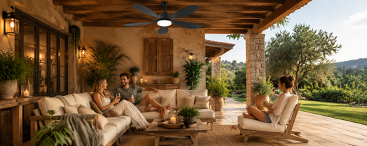 Black solar ceiling fan with light cooling a shaded covered patio for off-grid evening use