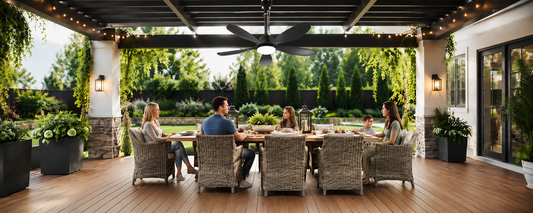 Outside ceiling fan with light for a covered outdoor patio