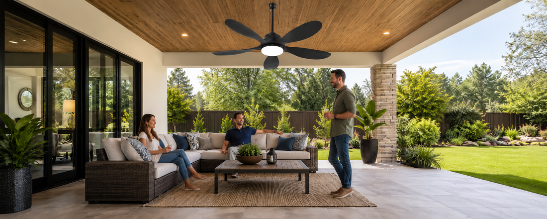 Ventallion solar ceiling fan with light above seating on a shaded covered patio