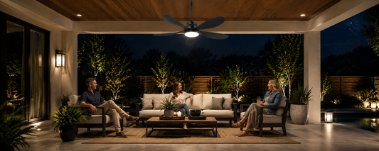 Solar fan light for patio dinners in a covered outdoor seating area after sunset
