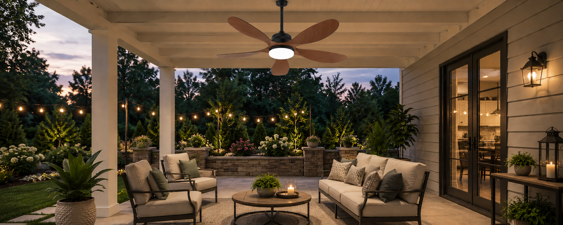 Solar-powered ceiling fan with walnut wood blades for covered patio and poolside outdoor living