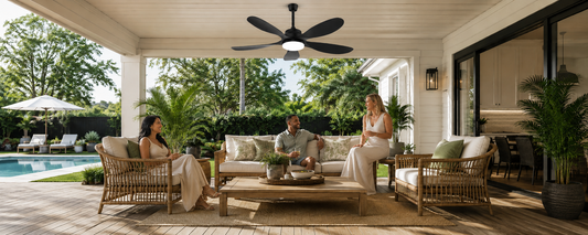 Ventallion solar ceiling fan with light installed on a covered patio for off-grid outdoor cooling and lighting