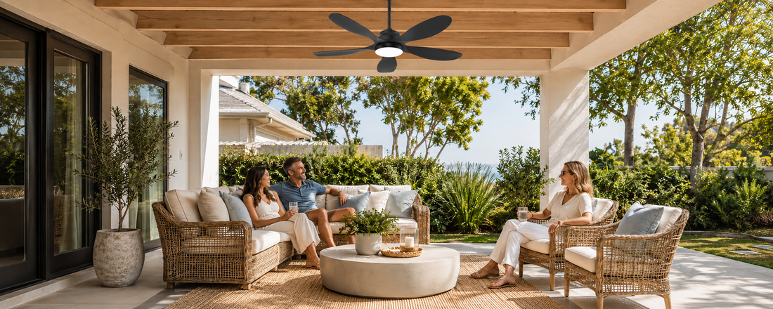 Black solar ceiling fan with light under a covered pergola in mixed sun conditions