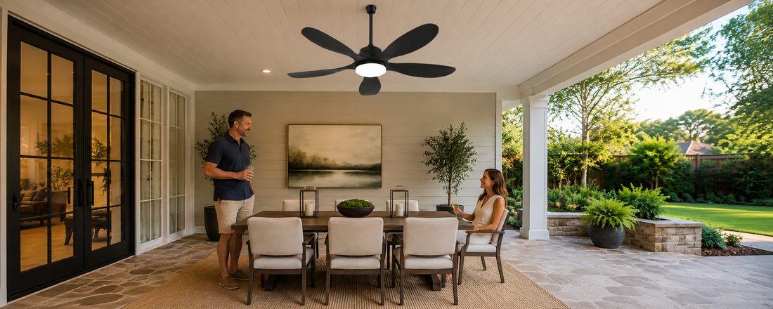 Covered patio ceiling fan with light above outdoor dining area