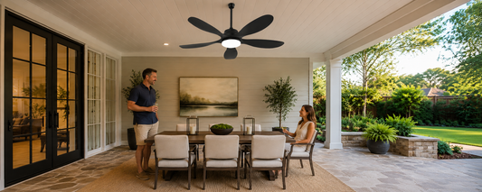 Covered patio ceiling fan with light above outdoor dining area