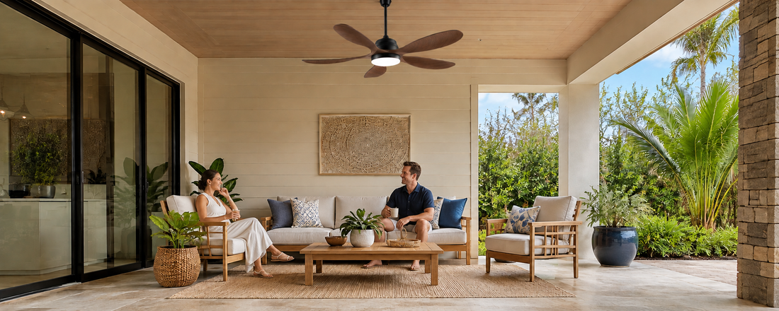 Solar ceiling fan with light on a covered porch for hands-free outdoor comfort