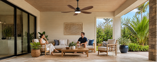 Solar ceiling fan with light on a covered porch for hands-free outdoor comfort