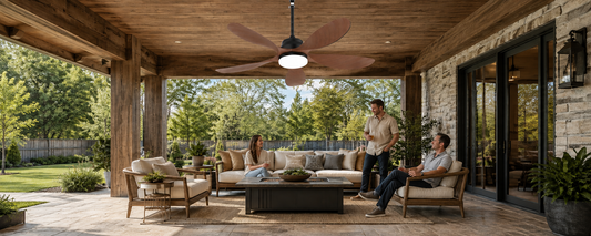 Solar ceiling fan with light installed over a covered patio seating area